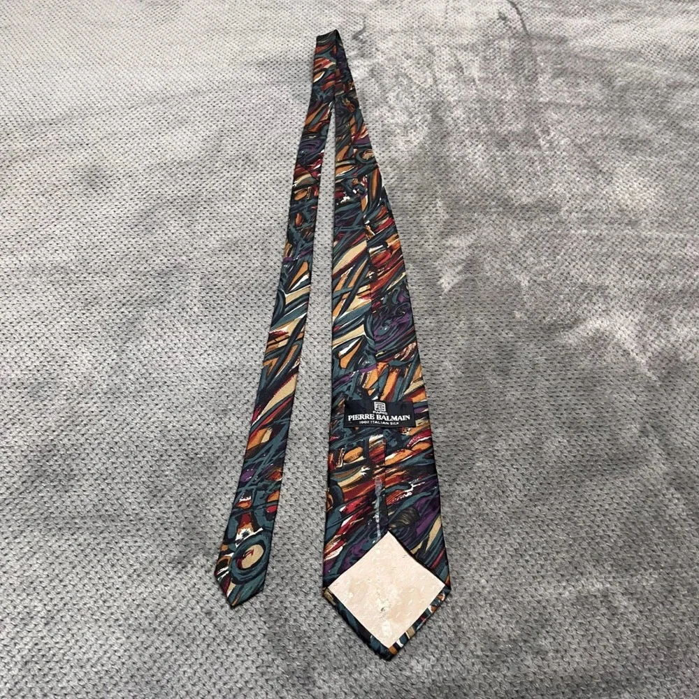 Pierre Balmain Paris Mens Silk Tie Abstract Painterly Print Teal Burgundy Gold